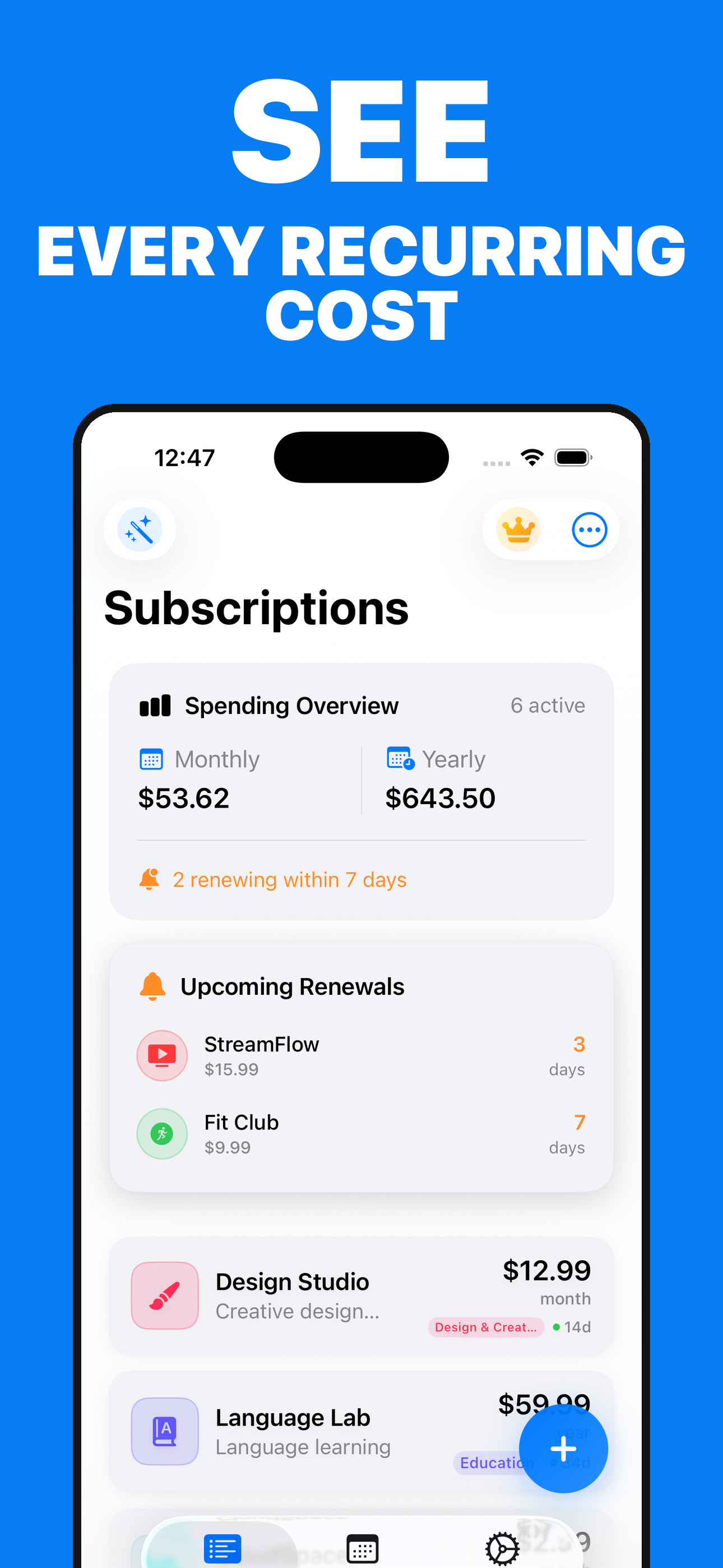 Every recurring cost screen in Subscriptions Manager